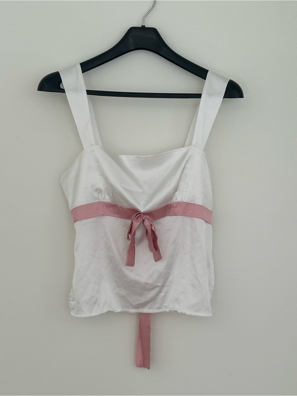White Satin Open Back Cami Tank with Pink Ribbon Detail Small
